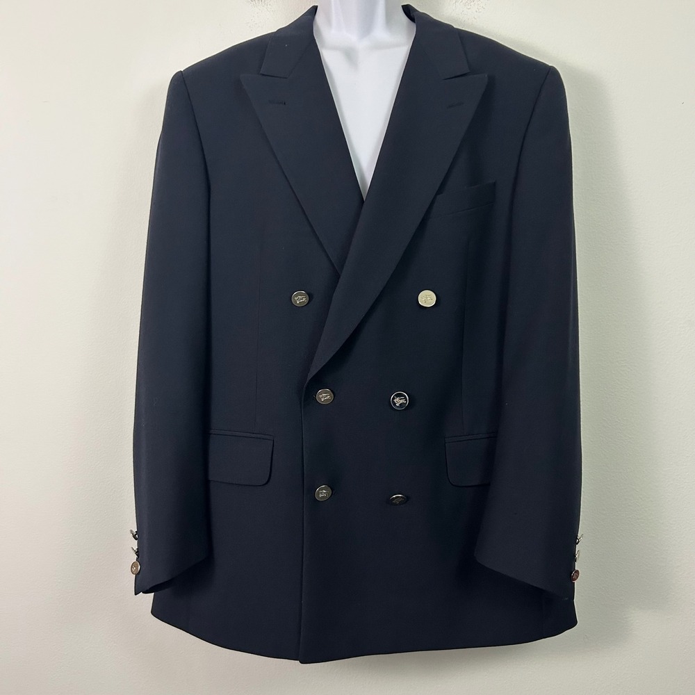 Burberrys Vintage Mens Navy Blue Wool Double Breasted Blazer Silver Logo Buttons